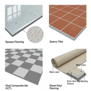 A detailed illustration of various commercial kitchen flooring materials, including epoxy, tile, and vinyl, highlighting their unique textures and composition for easy comparison.