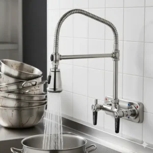 A high-pressure, wall-mounted commercial kitchen tapware pre-rinse faucet with a spray valve and spring action gooseneck, ideal for washing dishes in a commercial setting.