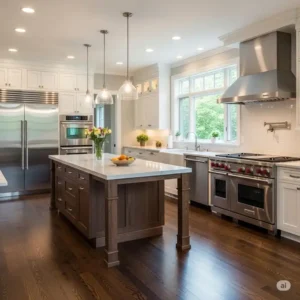A stylish kitchen with rich, dark wood floors in kitchen, creating a warm contrast against light-colored walls and stainless steel appliances.