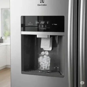 Electrolux kitchen appliances: A close-up of a new refrigerator with an ice dispenser.