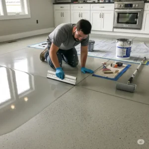 A skilled professional meticulously applying a fresh coat of epoxy resin onto a prepared concrete epoxy kitchen floor, demonstrating the start-to-finish process for a durable, high-gloss finish.