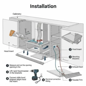 A diagram illustrating the installation process of a kitchen hood insert, showing how it fits into the cabinetry.