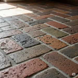 A close-up of a kitchen showcasing the unique texture and color of a reclaimed brick floor kitchen laid in a basket-weave pattern.