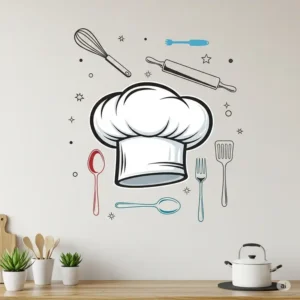Playful and decorative kitchen wall art stickers featuring a chef's hat and utensils.