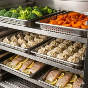 A close-up shot of a large, stainless steel rack inside a commercial kitchen steamer, filled with various foods ready to be steamed.