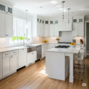 A bright kitchen with light-colored hardwood floor in kitchen with white cabinets, creating a spacious and airy aesthetic.