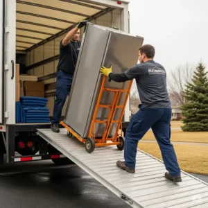 Two kitchen appliances movers using a dolly to transport a heavy refrigerator down a ramp from a moving truck. This shows the specialized equipment used to ensure safe transport.