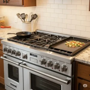 A professional-style 36 range featuring a built-in griddle, showcasing its versatility for a gourmet home kitchen.