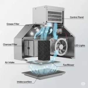 Diagram illustrating the internal components of a recirculation kitchen hood.