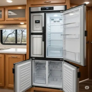 A specialized, energy-efficient refrigerator and freezer combo among the rv kitchen appliances.