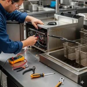 A close-up shot of a technician troubleshooting and servicing a commercial deep fryer for commercial kitchen equipment repair.