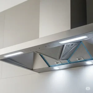 Close-up of a wall-mount stainless steel kitchen range hoods with powerful ventilation.