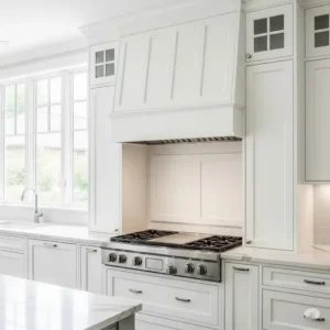 A custom-designed white kitchen hood insert seamlessly integrated into a white shaker-style cabinet, providing a hidden ventilation solution.