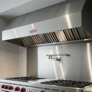 Close-up of a stainless steel Wolf Pro Wall Hood, highlighting its clean lines and commercial-style aesthetic above a Wolf range.