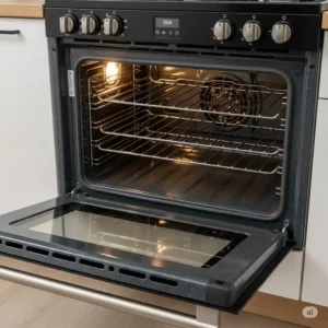 The open oven door of a 24-inch kitchen range, revealing a spacious interior with multiple rack positions and a clear viewing window.

