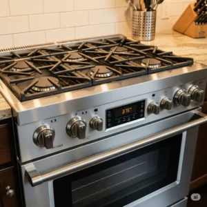 A dual-fuel 36 range, highlighting the precise control of an electric oven paired with the power of a gas cooktop.