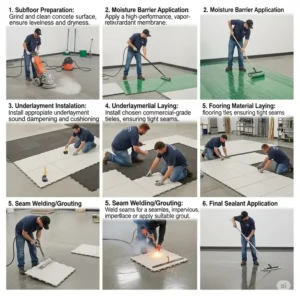 A step-by-step diagram illustrating the proper installation process for commercial kitchen flooring, from subfloor preparation to the final sealant application.