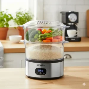 A compact countertop food steamer, showcasing its small footprint and versatility for smaller kitchens.