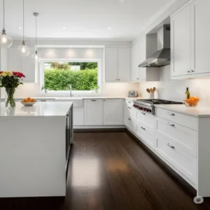An elegant kitchen design with a contrasting dark hardwood floor in kitchen with white cabinets, adding sophistication and depth to the space.