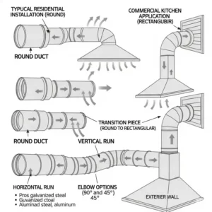 Diagram showing different types of kitchen hood ductwork, including round and rectangular options, and their common applications.