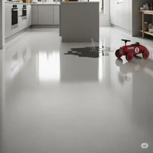 An image showing a clear, scratch-resistant epoxy kitchen floor, highlighting its resilience against heavy foot traffic, spills, and daily wear and tear.