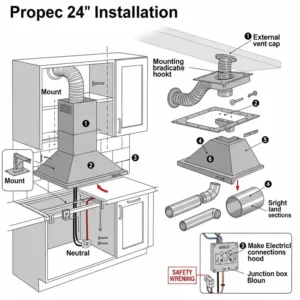 A diagram illustrating the proper installation steps for a new kitchen hood 24 inches, including ductwork and electrical connections.
