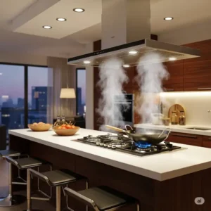 A stylish kitchen island with a powerful ceiling mount kitchen hood, showing how it effectively ventilates smoke and steam from the stovetop.