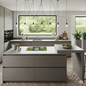 A sleek, modern brick floor kitchen featuring polished concrete countertops and minimalist cabinetry, complemented by the floor's warm tones.