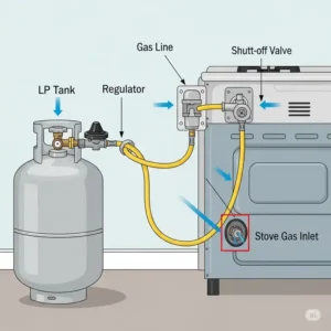 A diagram showing the proper connection from a liquid propane tank to the back of a liquid propane kitchen stove.

