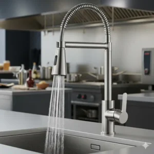 A sleek, modern pull-down spray faucet, perfect for commercial kitchen tapware or high-end cafe, providing flexibility and powerful cleaning.