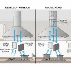Comparison of a recirculation kitchen hood versus a ducted exhaust hood.