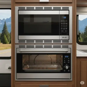 A built-in microwave and convection oven, essential rv kitchen appliances for cooking on the road.