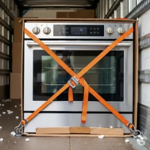 A close-up of a kitchen appliance, such as an oven, being secured with moving straps inside the back of a moving truck by kitchen appliances movers.