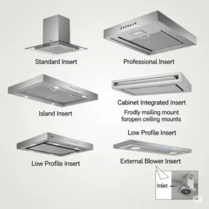 A visual comparison of various types of kitchen hood inserts, highlighting different styles and sizes.