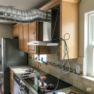 An under-cabinet 36 inch kitchen hood shown during the installation process, illustrating the ductwork.