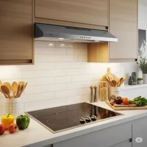 An under-cabinet stainless steel kitchen range hoods seamlessly installed in a compact kitchen.
