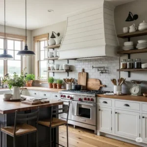 A rustic farmhouse-style kitchen featuring a large, decorative white kitchen hood with shiplap detail, serving as a charming focal point.