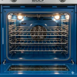  "The spacious, blue-enameled interior of a Wolf convection oven, designed for multi-rack cooking and even heat distribution."