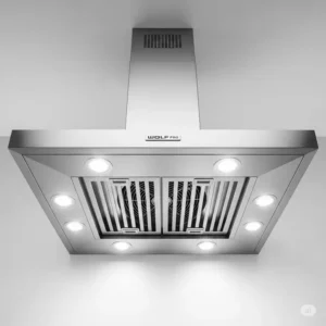 A Wolf chimney-style kitchen hood installed, emphasizing its tall, striking vertical design that complements high ceilings.
