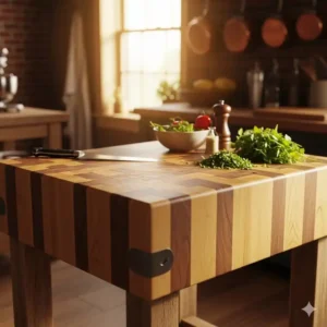 An aesthetic shot of a rustic wooden butcher block kitchen preparation table, emphasizing its thick surface ideal for heavy-duty chopping.

