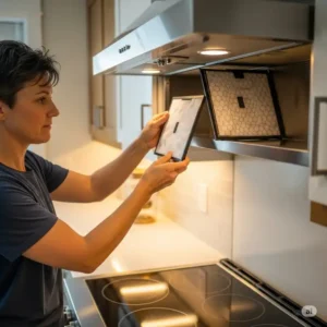 A person installing a new charcoal filter in a recirculation kitchen hood.