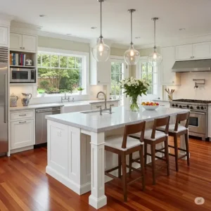 A warm and inviting kitchen featuring cherry hardwood floor in kitchen with white cabinets, blending traditional charm with a fresh, clean look.