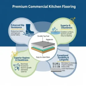A visually engaging infographic highlighting the key benefits of high-quality commercial kitchen flooring, such as slip resistance, hygiene, and long-term durability.