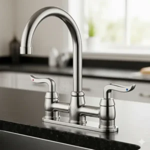 A classic deck-mounted faucet, an example of commercial kitchen tapware, installed directly onto the countertop, featuring dual handles for hot and cold water control.