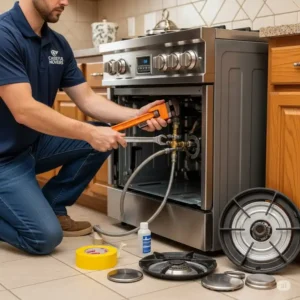 A kitchen appliances movers professional disconnecting a gas line from a stove and preparing it for safe transport.