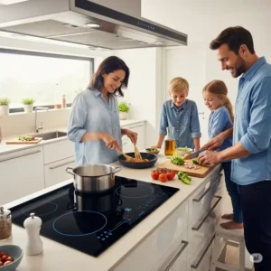 Electrolux kitchen appliances: A family cooking on an induction cooktop.