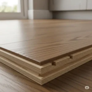 A close-up of engineered wood floors in kitchen, highlighting the layered construction that makes it ideal for a kitchen environment.