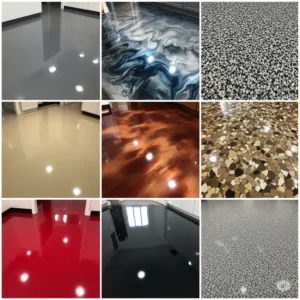 A visual collage showcasing a variety of epoxy kitchen floor color and style options, including solid colors, metallic finishes, and decorative flakes to inspire homeowners.
