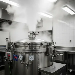 An industrial high-pressure steam cooker releasing steam, illustrating its power and rapid cooking capabilities.