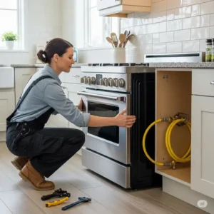 A homeowner is carefully positioning a new liquid propane kitchen stove during installation.